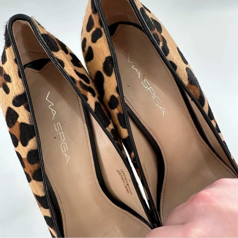 Via Spiga heels size 8 black Italian leather cheetah print calf hair platforms